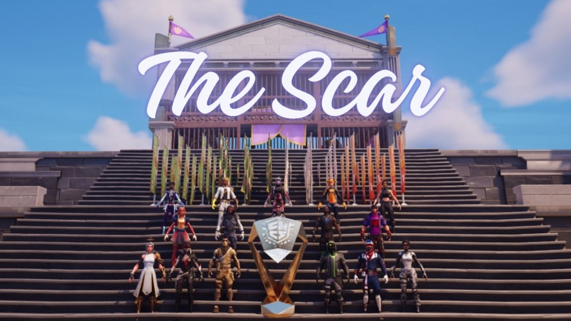 The Scar: the players stand on the trophy stairs below the sealed chamber, a golden trophy in front of them, the island’s name written across the sky
